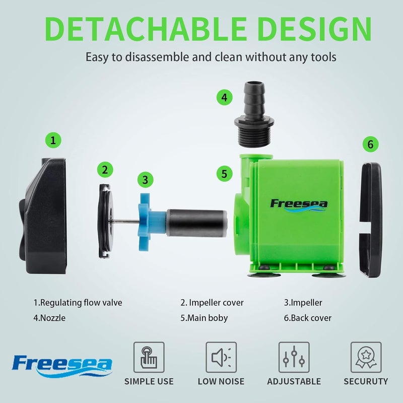 FREESEA Fountain Submersible Water Pump: 800GPH 45W Adjustable Ultra Quiet Aquarium Pump with 3 Nozzles 10ft High Lift for Small Pond | Fish tank | Waterfall | Outdoor | Hydroponics - Image 4